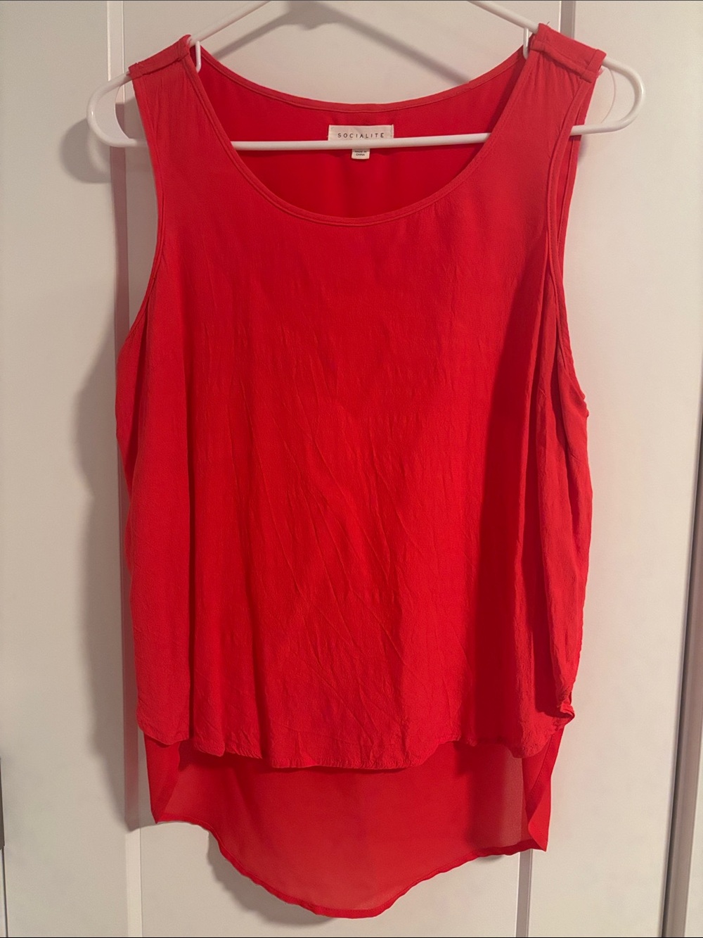 Socialite Red/Orange Sleeveless High-Low Blouse with button detail